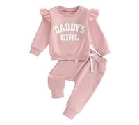 Carolilly Set di abbigliamento per neonata, set da 2 pezzi, con lettera sfocata ricamata con volant, felpa a maniche lunghe + pantaloni elastici in vita, vestiti per bambini, rosa, 2-3 Years