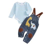 Carolilly Tutina a maniche lunghe a righe per neonati con ricamo di elefanti e giraffa e pantaloni con bretelle, Blu, 3-6 Months