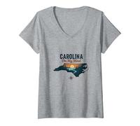 Carolina On My Mind Carolina del Nord Tramonto Amante della Natura Maglietta con Collo a V, Donna, Grigio Melange, XL