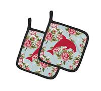 Caroline's Treasures Coppia di presine in tessuto multicolore con delfini, stile shabby chic, con rose blu, BB1025-RS-BU-PTHD