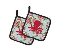 Caroline's Treasures Octopus BB1090-RS-BU-PTHD - Coppia di presine in tessuto multicolore con rose blu shabby chic