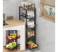 CarolynDesign Cestini in filo metallico con ruote, contenitori impilabili per cucina per frutta e verdura con carrello, con manico in legno estraibile, fondo in stuoia, cassetti scorrevoli, per bagno
