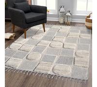 carpet city Tappeto boho per soggiorno - Panna - 140 x 200 cm - Motivo patchwork - effetto rilievo 3D - Cut-& Loop - Sisal - Moderno tappeto con frange per camera da letto