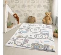 carpet city Tappeto per cameretta dei bambini, 140 x 200 cm, colore: crema, blu - auto, strade, tappeto da gioco per bambini, decorazione per la cameretta dei bambini