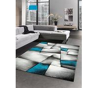 CARPETIA Moderno Tappeto pello Basso Moquette Tappeto da Salotto Astratto Karo Nero Grigio Turchese Größe 120x170 cm