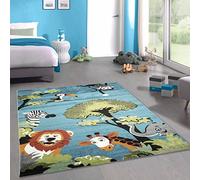 CARPETIA Tappeto di animali del bosco in blu: l'accessorio perfetto per una stanza per bambini bellamente selvaggia, 120 x 170 cm