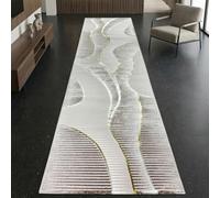 CARPETIA Tappeto per Corridoio Lungo, Bettumrandung per Camera da Letto, Pelo Corto, Linee Sinuose Moderne, Lussuoso ed Elegante, Effetto Lucido, Crema e Oro, 80 x 300 cm