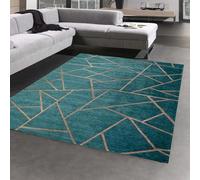CARPETIA Tappeto soggiorno grande moderno design geometrico con linee chiare elegante senza tempo, facile da pulire, resistente, elegante accento petrolio oro 200 x 290 cm