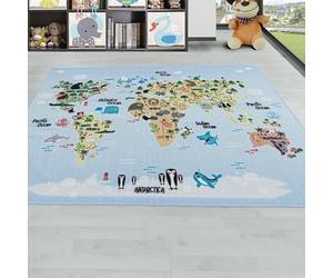 Carpetsale24 Tappeti per bambini, colore blu, mappa del mondo con disegno animale, 105339, tappeto rettangolare, Tappeti camera dei bambini, 100 x 150 cm