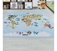 Carpetsale24 Tappeti per bambini, colore blu, mappa del mondo con disegno animale, 105341, tappeto rettangolare, Tappeti camera dei bambini, 140 x 200 cm