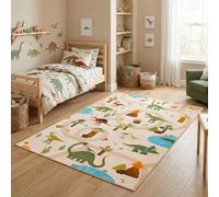 Carpetsale24 Tappeto per Bambini Dinosauri Tappeto Gioco per Cameretta in Beige con Motivo Dino e Strade misura 80x150 cm ideale per piccoli spazi gioco