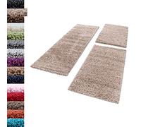 Carpettex Bordo del letto Shaggy tappeto Set di runner 3 pezzi Pila alta Pianura Pila lunga, colore:Beige, set letto:2 pezzi 80x150 + 1 pz 100x200