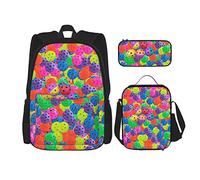 CARRDKDK Set di 3 zaini con stampa del sistema solare dello spazio esterno, borsa per la scuola con borsa per il pranzo e astuccio, per ragazzi e ragazze, Palline da pickleball colorate., Taglia unica