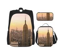 CARRDKDK Set di 3 zaini con stampa di note musicali e pianoforte, borsa per la scuola con portapranzo e astuccio, per ragazzi e ragazze, Empire State Building, Taglia unica