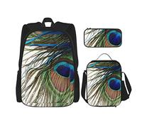 CARRDKDK Set di 3 zaini con stampa di pietre marine, borsa per la scuola con borsa per il pranzo e astuccio, per ragazzi e ragazze, Piuma di pavone., Taglia unica