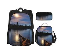 CARRDKDK Set di 3 zaini con stampa di pietre marine, borsa per la scuola con borsa per il pranzo e astuccio, per ragazzi e ragazze, Fiume Canoa al chiaro di luna, Taglia unica