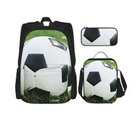CARRDKDK Set di 3 zaini per la scuola con motivo a foglie verdi e venature stampate, set da 3 pezzi, con portapranzo e astuccio, per ragazzi e ragazze, Pallone da calcio su erba, Taglia unica