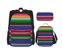 CARRDKDK Set di 3 zaini per la scuola con motivo a foglie verdi e venature stampate, set da 3 pezzi, con portapranzo e astuccio, per ragazzi e ragazze, Strisce messicane colorate, Taglia unica