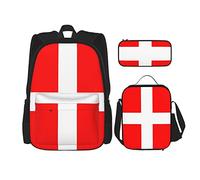 CARRDKDK Set di 3 zaini per la scuola con motivo a foglie verdi e venature stampate, set da 3 pezzi, con portapranzo e astuccio, per ragazzi e ragazze, Bandiera danese della Danimarca, Taglia unica