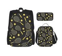 CARRDKDK Set di 3 zaini per la scuola con stampa della formula matematica, con borsa per il pranzo e astuccio, per ragazzi e ragazze, Racchette da tennis divertenti e palline da tennis, Taglia unica