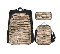 CARRDKDK Set di 3 zaini per la scuola con stampa della formula matematica, con borsa per il pranzo e astuccio, per ragazzi e ragazze, Muro di mattoni rocce rustiche, Taglia unica