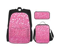 CARRDKDK Set di 3 zaini per la scuola con stampa glitterata rosa scintillante, con portapranzo e astuccio, per ragazzi e ragazze, Glitter rosa scintillante., Taglia unica