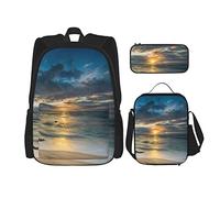 CARRDKDK Sunset Beach - Set di 3 zaini per la scuola, con portapranzo e astuccio, per ragazzi e ragazze, Spiaggia al tramonto, Taglia unica, Scatola