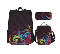 CARRDKDK Zaino con stampa di note musicali e pianoforte, set da 3 pezzi, borsa per la scuola con portapranzo e astuccio, per ragazzi e ragazze, sfondo musicale, taglia unica, taglia unica, Sfondo