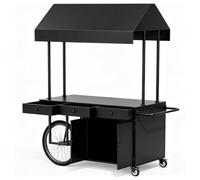 Carrelli Alimentari Mobili Portatili a Quattro Ruote con Tettoia | Bancone Esterno Vendite, Stand Mercati Notturni, Carrello per Matrimoni, Compleanni ed Eventi(Black)