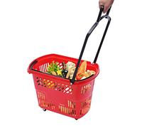 Carrelli Spesa 6 Pezzi, Cestino Spesa 35L/9,2 Gal con Manico Cestino Spesa Rotolante in Plastica con 4 Ruote, Set di Cestini Portatili for Negozi for Supermercati e Negozi al Dettaglio, Rosso