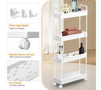 Carrello a 4 livelli su ruote, unità di stoccaggio stretta con gancio, per cucina, bagno, lavanderia, contenitore per bagno scorrevole