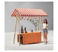Carrello alimentare portatile con baldacchino a strisce, supporto mobile resistente con ruote, espositore per mercato in legno commerciale per la vendita di snack/dolci/giocattoli