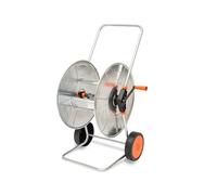 Carrello avvolgitubo con ruote in plastica, adatto a medie superfici; rullo e telaio in acciaio zincato per tubo 100 m da 1/2" e 80 mt da 3/4"