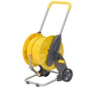 Carrello avvolgitubo da giardino con ruote, include tubi resistenti, ripiano e ugelli, supporto retrattile per irrigazione esterna e pulizia auto