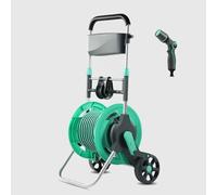 Carrello avvolgitubo portatile con guida integrata, ugello regolabile e raccordi, design mobile retrattile con ruote per lavaggio auto e pulizia dei vetri (include pistola ad acqua da 3,25 m)