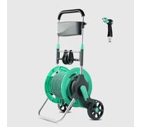 Carrello avvolgitubo retrattile con guida integrata, ugello regolabile e raccordi, carrello portatile portatile con ruote per irrigazione del prato e lavaggio auto (include pistola ad acqua da 1,25 m)