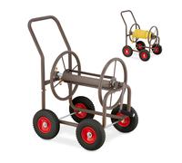 Relaxdays Carrello Avvolgitubo da Giardino, 4 Ruote in Gomma Piena, per Tubi da 60m, Raccordi a Scatto, Acciaio, Marrone