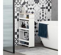 Carrello Bagno Salvaspazio a 3 Ripiani con Rotelle e Maniglia in Legno, 48x15x80cm, Bianco