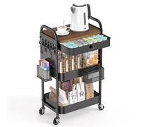 Carrello con cassetto e piano in legno, 3 ripiani, in metallo, con ruote e pannelli forati fai da te, cesti appesi, ganci per camera da letto, ufficio, forniture artigianali (nero)