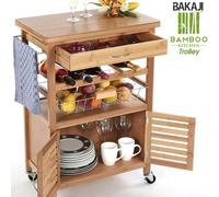 BAKAJI Carrello Cucina in Legno di bambù con Portabottiglie, Cassetto Portaposate Cestello Acciaio e 2 Ante Armadietto per Organizzazione e Sistemazione Ripiano Top in Legno Bamboo Duro e Resistente