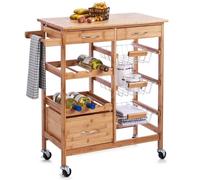 Carrello Cucina Legno Bambu 2 Cassetti Portaposate Portabottiglie 3 Ceste Ruote