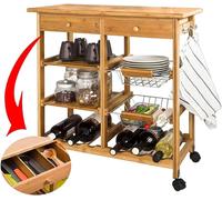 Carrello Cucina Legno Bambu 2 Cassetti Portaposate Portabottiglie 4 Scomparti