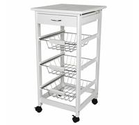 BAKAJI Carrello da Cucina Salvaspazio in Legno MDF Bianco con 3 Cestelli Portafrutta in Acciaio Cassetto Portaposate Piano d'Appoggio Piastrellato e 4 Ruote Girevoli 360 Gradi 37 x 82 cm
