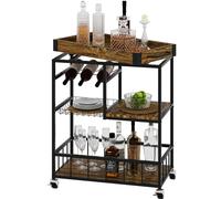 BAKAJI Carrello da Cucina Multiuso Portaoggetti Salvaspazio con Ripiano Separabile e 4 Ruote, Carrellino Stile Industrial con Struttura in Ferro nera e Ripiani in Legno Noce, Scomparto Portabottiglie