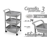CARRELLO CUCINA PORTA FRUTTA MODERNO 3 CESTE RUOTE UNIVERSALE GRIGIO 745036cm