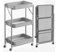 BAKAJI Carrello Cucina Pieghevole con 3 Ripiani Cestelli 4 Ruote girevoli a 360 Gradi con Freno Integrato in Metallo Trolley Salvaspazio da Servizio Dimensioni 29 x 40 x 76 cm (Grigio)