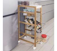 Carrello Cucina Slim Salvaspazio Legno Bambu 4 Ripiani 1 Vassoi 3 Cestelli Ruote