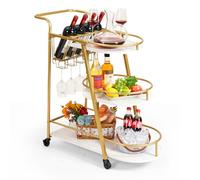 Carrello da bar dorato, carrello da portata per bar e casa, carrello per bevande a 3 livelli con portabottiglie e supporti per calici, ruote silenziose per casa, feste, cucina, uso interno ed esterno
