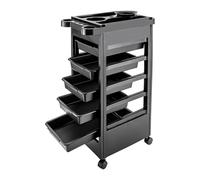 Carrello da barbiere, carrello da lavoro, carrello impilabile, colore nero, per barbiere, beauty salon, con 5 cassetti, porta asciugacapelli e 4 ruote, 50 x 32 x 81 cm