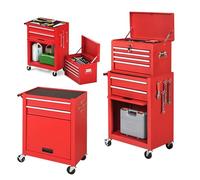 Carrello da cucina 2 in 1 con ruote, armadietto per attrezzi in metallo con serratura, 6 ganci per cassetti, resistente, per garage e officina (rosso)